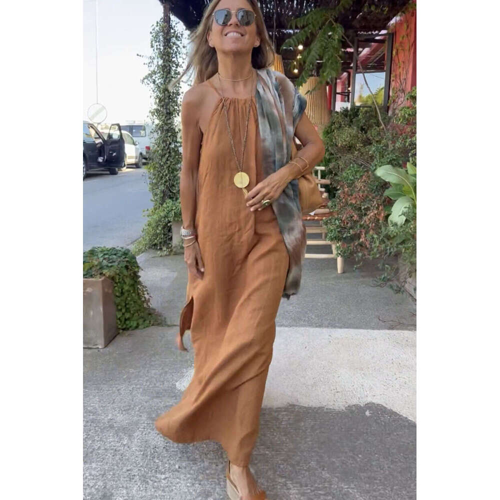 Hanging neck slit cotton leprosy casual vacation dress, European and American 2025 spring/summer product temperament versatile new trend clothing ins