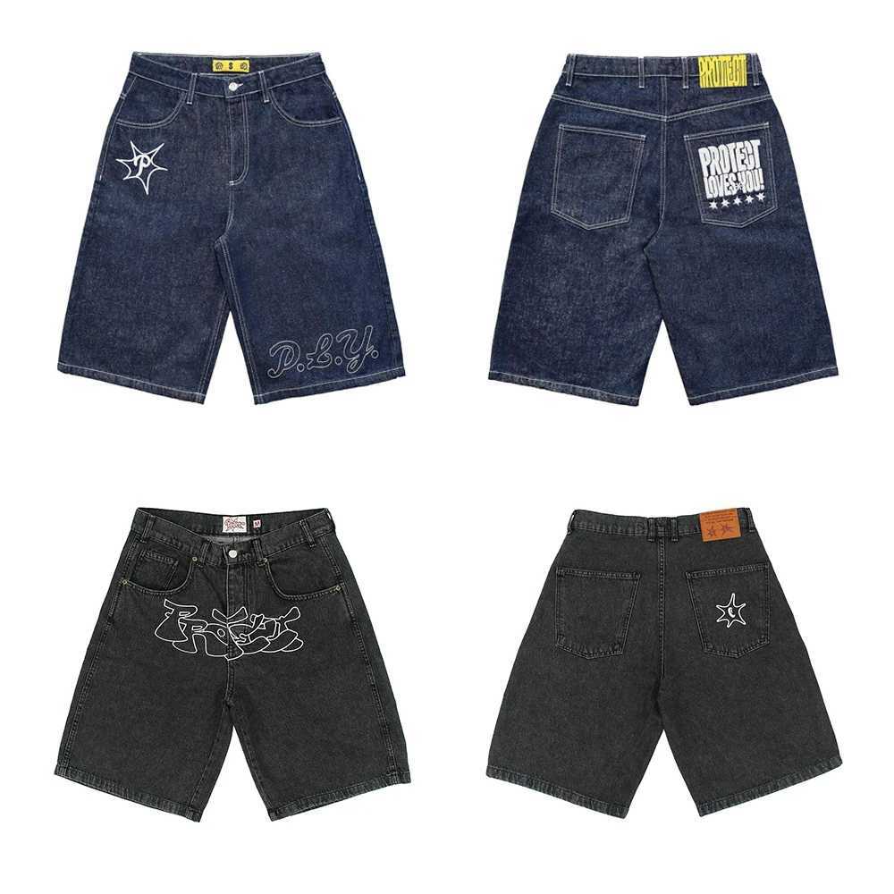 Y2K Shorts Harajuku Hip Hop Embroidered Retro Black Baggy Denim Gym Shorts Pants Punk Rock High Waist Mens Basketball Shorts T250603