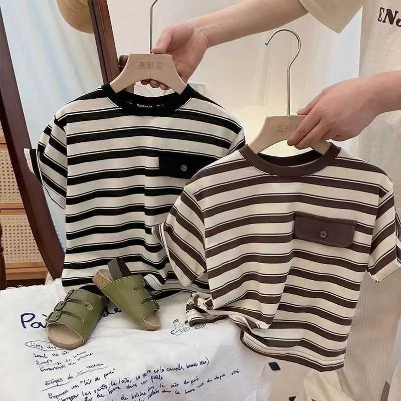 Kids Short Sleeve Boys and Girls T-shirt 2025 Summer New Girls Striped Baby Top Cotton Childrens Clothing T250603