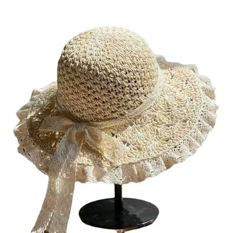 Summer Foldable Lace Edge Straw Hat for Womens Handwoven Cute Bow Sunshade Hat for Vacation Beach Hat 2025 W250602