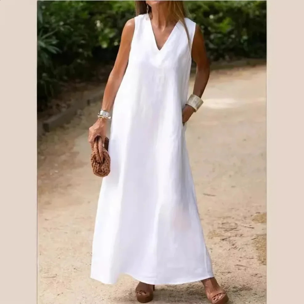 Spring Cotton Linen Women Dress Long Black V-neck Sleeveless Loose A-line Dresses Female Elegant Trendy Casual Lady Clothes 250529