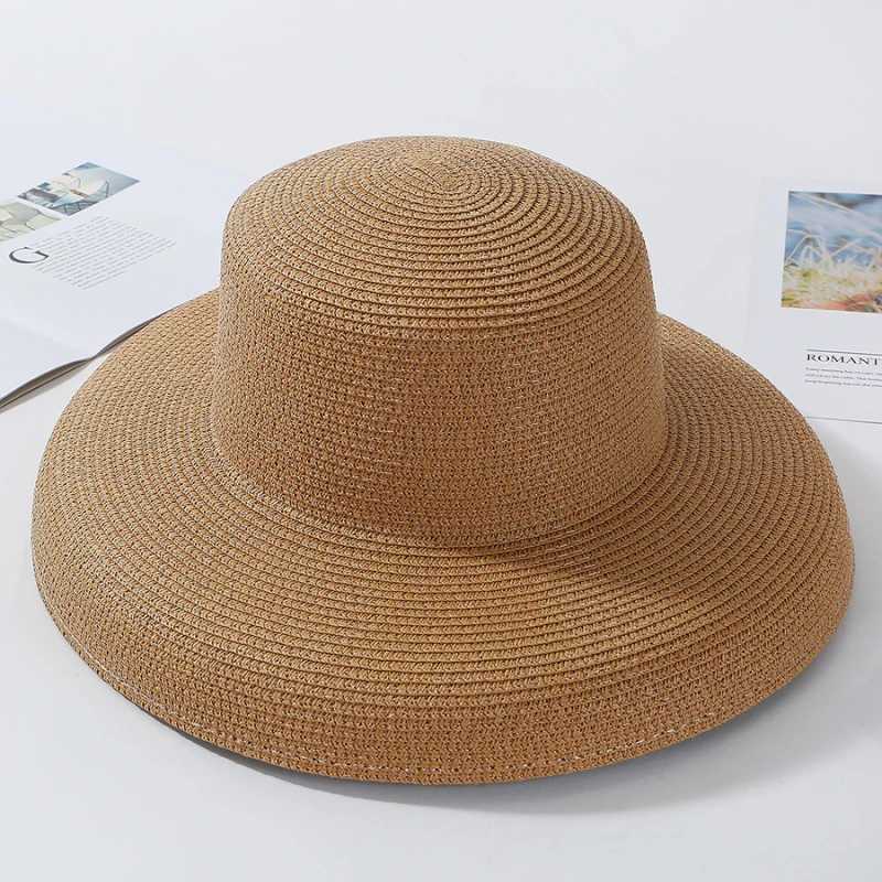 HT2303 2023 New Summer Sun Hats Ladies Solid Plain Elegant Wide Brim Hat Female Round Top Panama Floppy Straw Beach Hat Women W250602