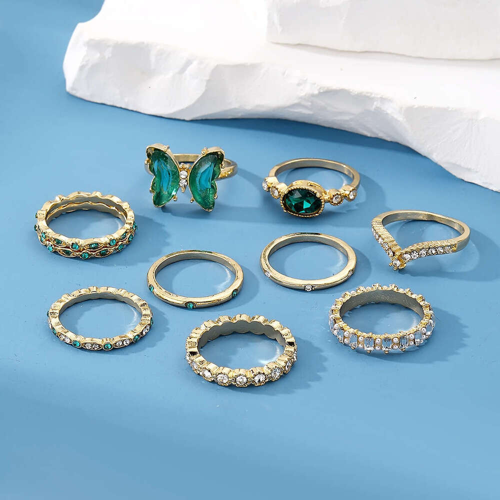 Creative Personality Emerald Butterfly Open Metal Style Stackable Knuckle Ring Set of 9
