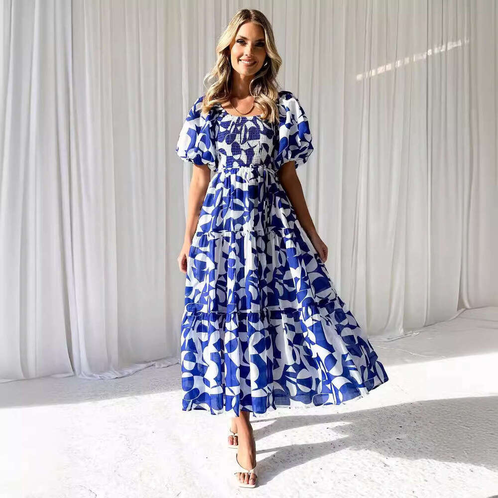 Spring/Summer Elegant Floral Off-Shoulder Puff Sleeve Fashion Dress B5