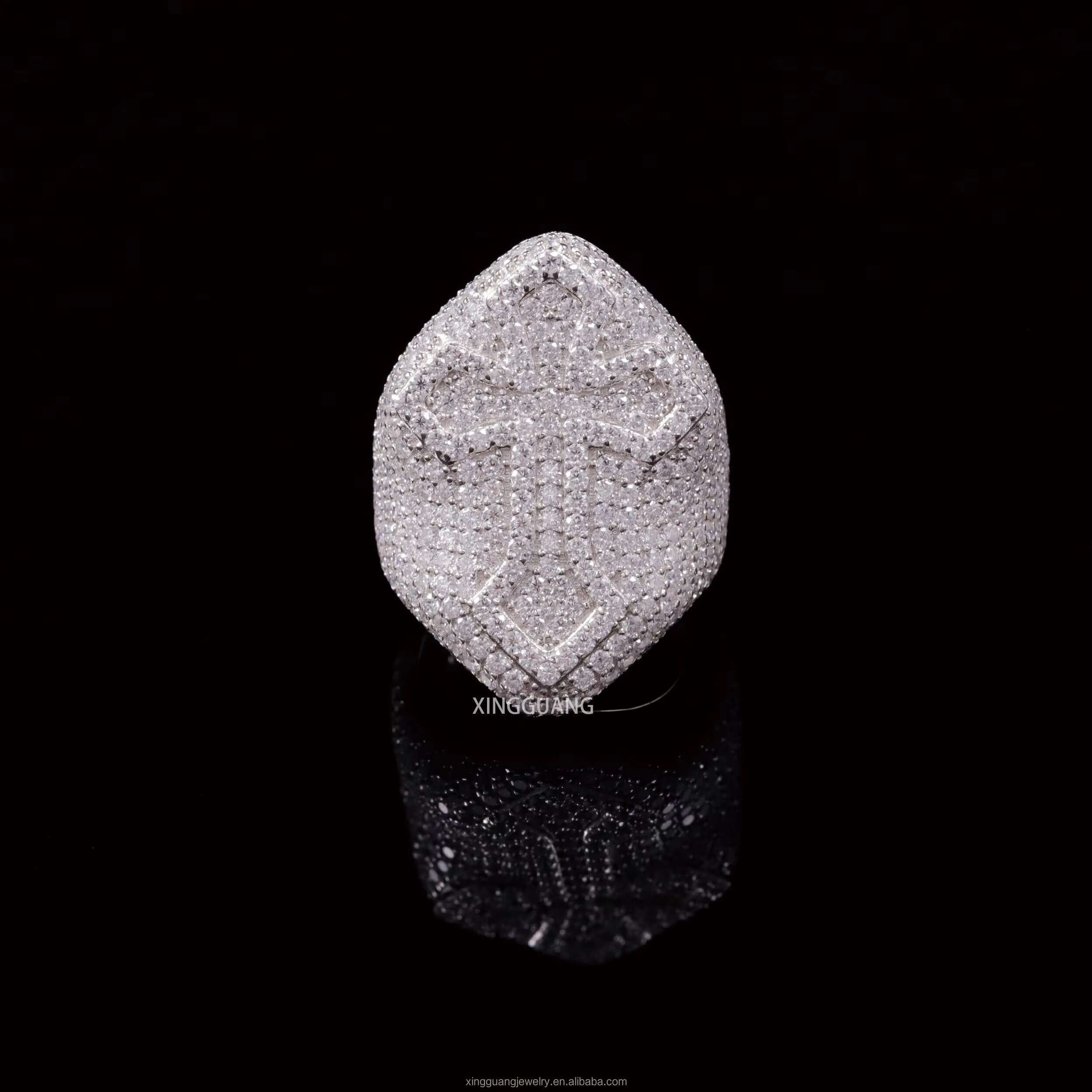 Hot Sale Raised Cross Full Iced Out VVS Moissanite Diamonds White Gold Plated 925 Sterling Silver Cross Rings Hip Hop Jewelry