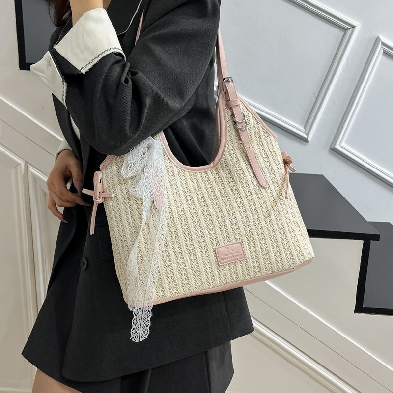 designer 2025 Summer New Beach Vacation Woven Beach Bag for Women, Niche Casual Shoulder Bag, Large Capacity Commuter Tote Bag