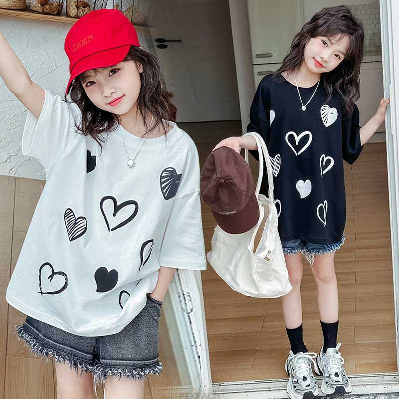 Hot Sale Child Summer Short Sleeve T-shirt with Heart Print For Girls Elegant Cotton Tshirt Outfit Tee Tops Age 5 7 9 11 13 14 Y T250603