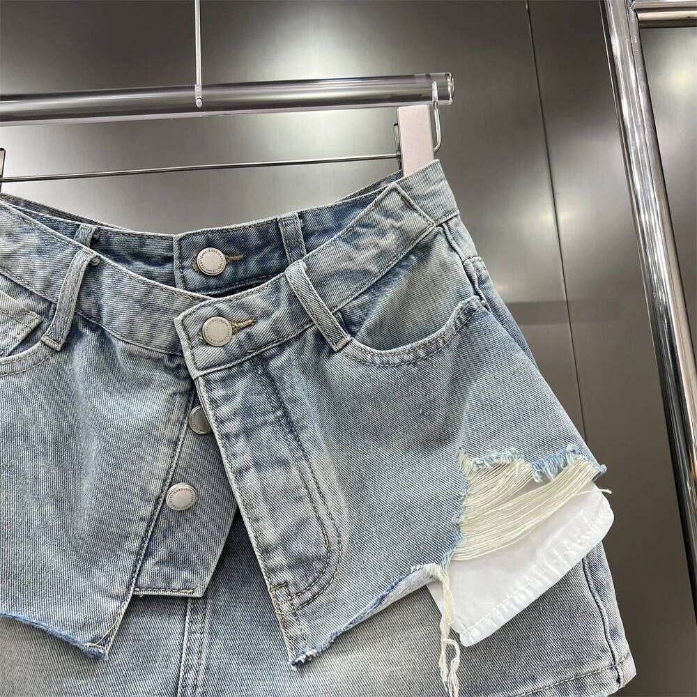 Chic Fake Two Piece Ripped Denim Skirt Street Fashion Pockets Single Breast A Line Mini Skirts Summer All Match Female Clothing