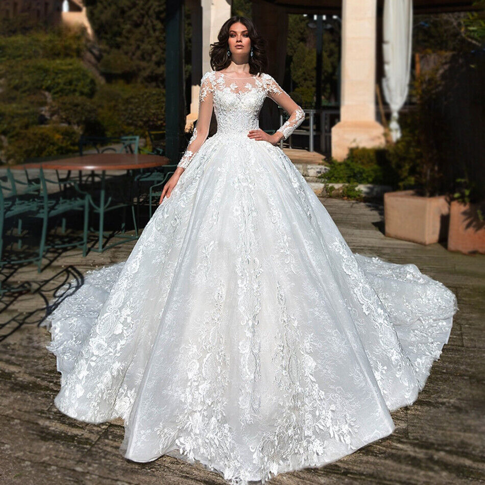 Luxury A-Line Wedding Dresses for Women Long Sleeve Brides Robe Ball Gown Boutique Bride Female Lace Applique Formal Customized