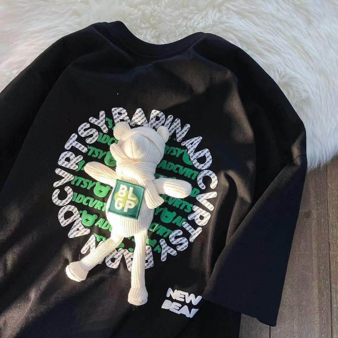 2025 summer new women's T-shirt new women's short sleeved T-shirt loose design sense niche half sleeved top fashion teddy bear pattern desig
