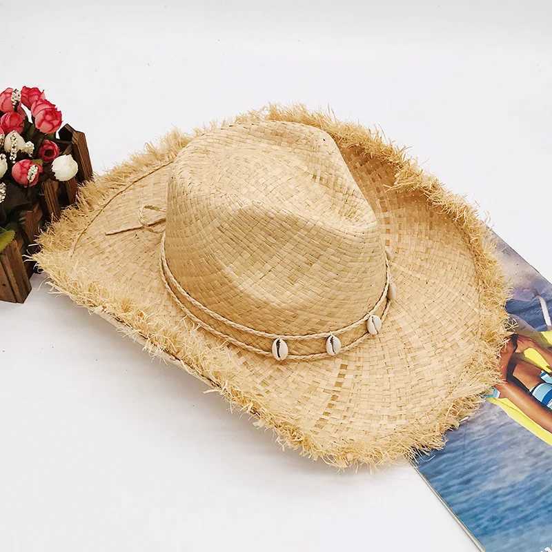 Fringed Wide Brim Straw Hat with Shell Band Panama Hat Cowboy Cowgirl Hat for Men Women Sun Hat Western Style Outdoor Beach Hat W250602