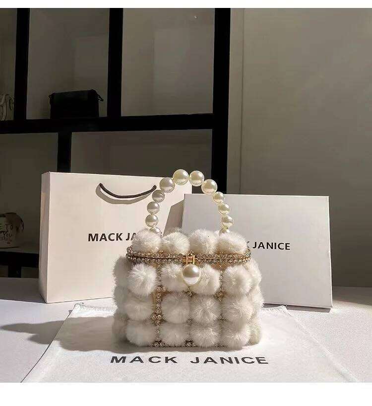 Mink Hair Metal Cage Pearl Beading Women's Handbag Crystal Dias Evening Wedding Party Clutch Purse Crossbody Bag