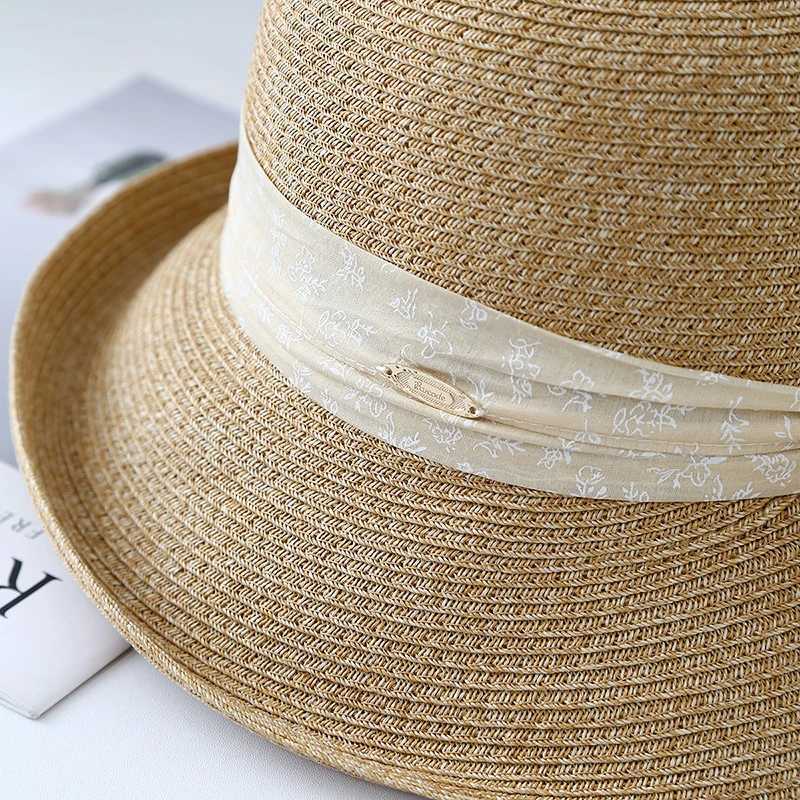 Womens Knitted Straw Fisherman Hat with Bow Ribbon Wide Brim Sun Hat Breathable UV Protection for Beach Wedding Travel Foldable W250602