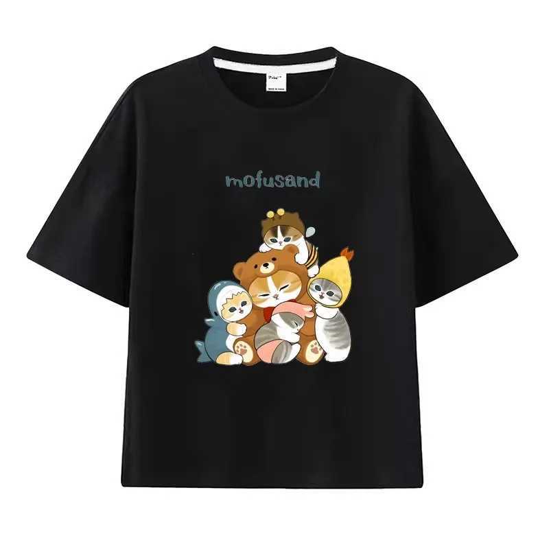 Mofusand Shark Cat T-shirts for Boys and Girls Are Versatile and Stylish Summer Short-sleeved Tops for Middle and Older Children T250603