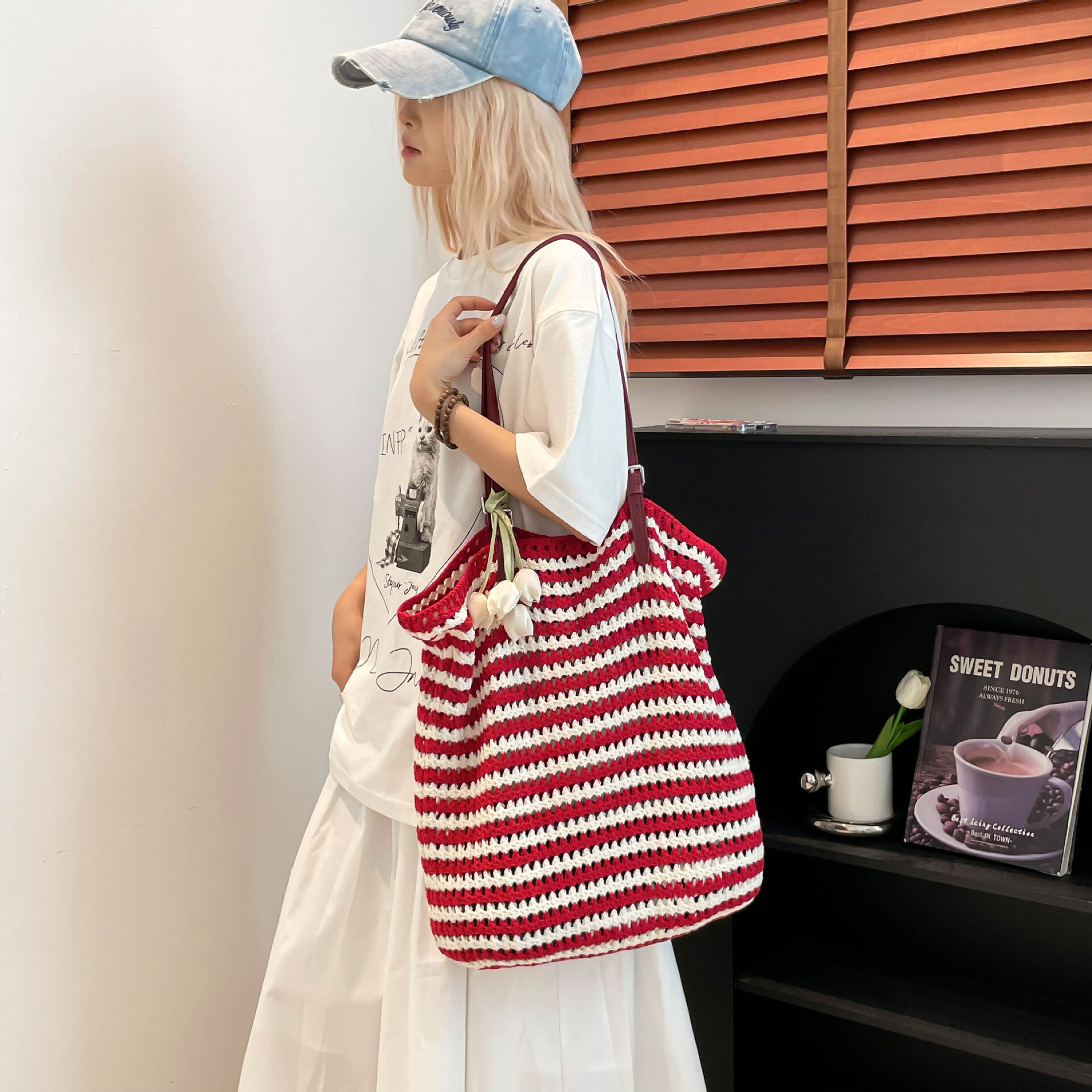 designer Bohemian Style Cotton Stripe Woven Large Bag for Women 2025 New Beach Vacation Large Capacity Underarm Tote Bag