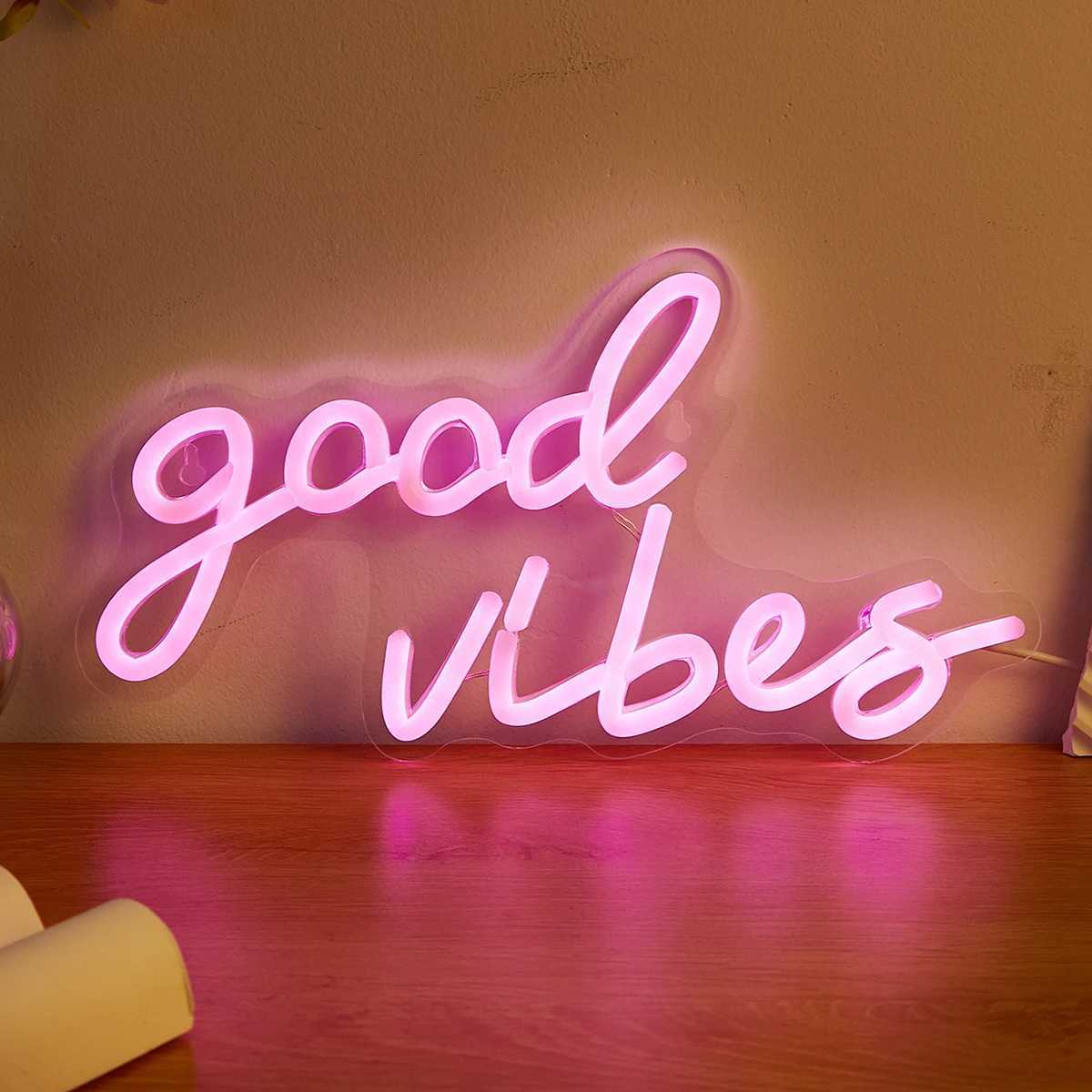 Chi-buy Good Vibes LED Neon Sign USB Powered Neon Signs Night Light 3D Wall Art Game Room Bedroom Living Room Decor Lamp Signs XJ250602
