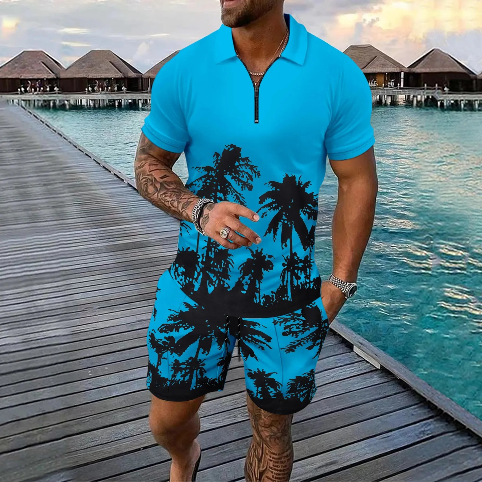 3D Coconut Tree Print Mens Short Sleeve Set Fashion Zipper Polo Shirt Hawaiian Shorts 2 Piece Outfit Summer Casual Loose Suit 250530