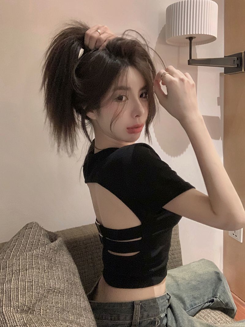 2025 new spring and summer women's T-shirt new American spicy girl hollow out backless top women's summer slim fit square neck designer shor