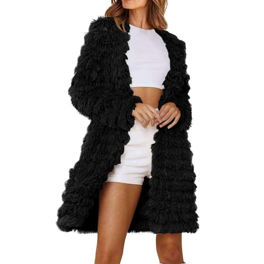 Women's 2023 Winter Sleeve Faux Fur Jackets Fall Fashion Black Khaki Pink Open Front Long Cardigan Coat Outerwear