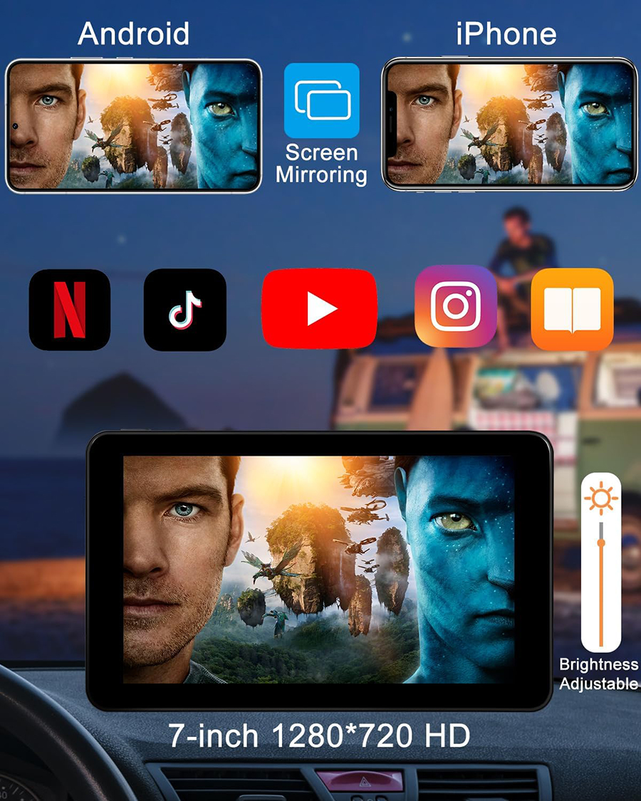 XINMY 7" Wireless CarPlay Android Auto Screen for Car, 2.5D Touch Screen Naivgation Car Stereo Portable CarPlay Bluetooth Mirror Link, Siri, AirP