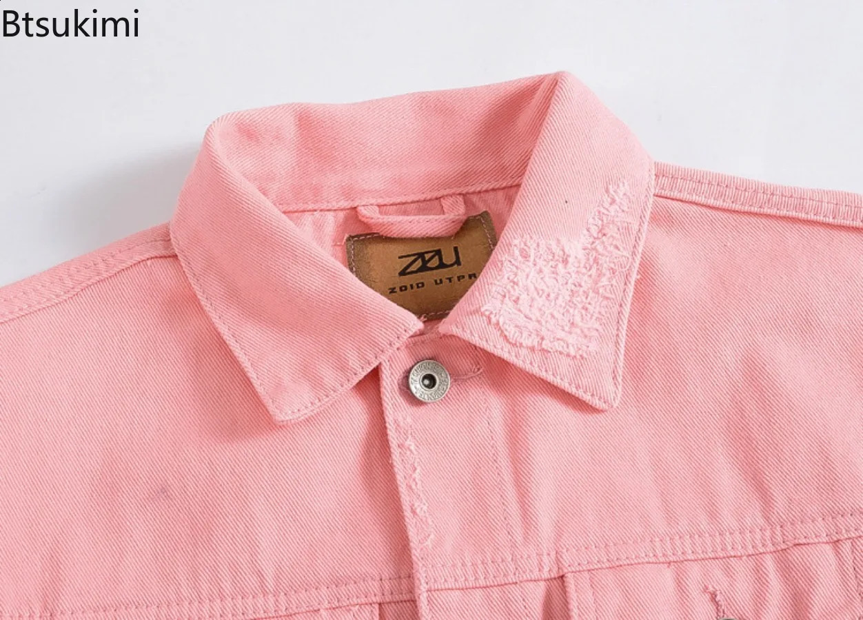Mens Fashion Jeans Jacket Solid Spring Autumn Long Sleeves Cotton Denim Jacket Men Casual Ripped Hole Jean Coats Male 250529