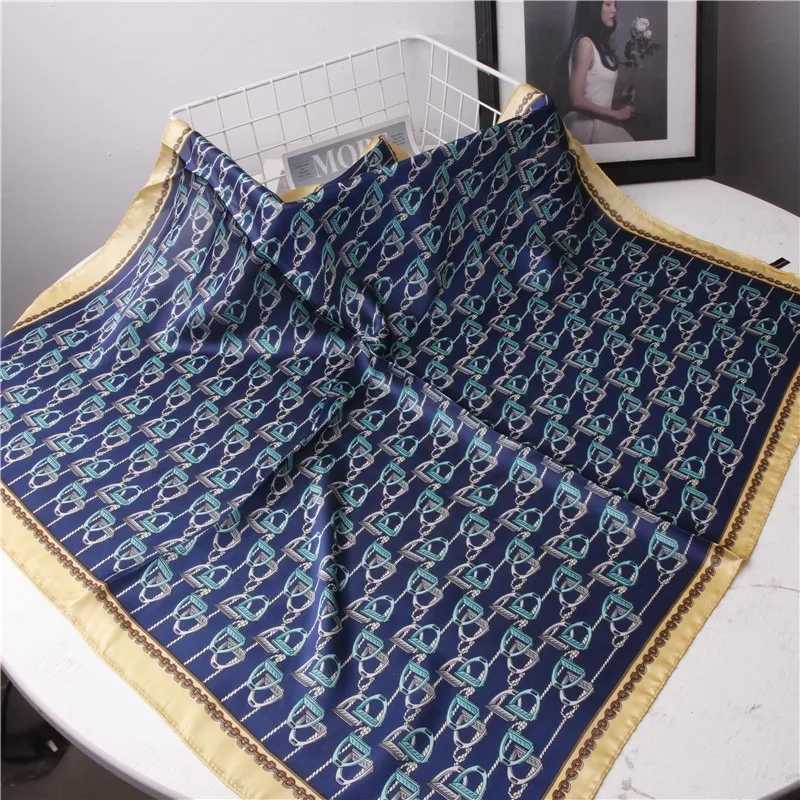 68cm Yellow Chain Horse Printed Scarf for Women Thin Imitation Silk Scarf Simple Light Luxury Style Scarves Headscarf Shawl W250602