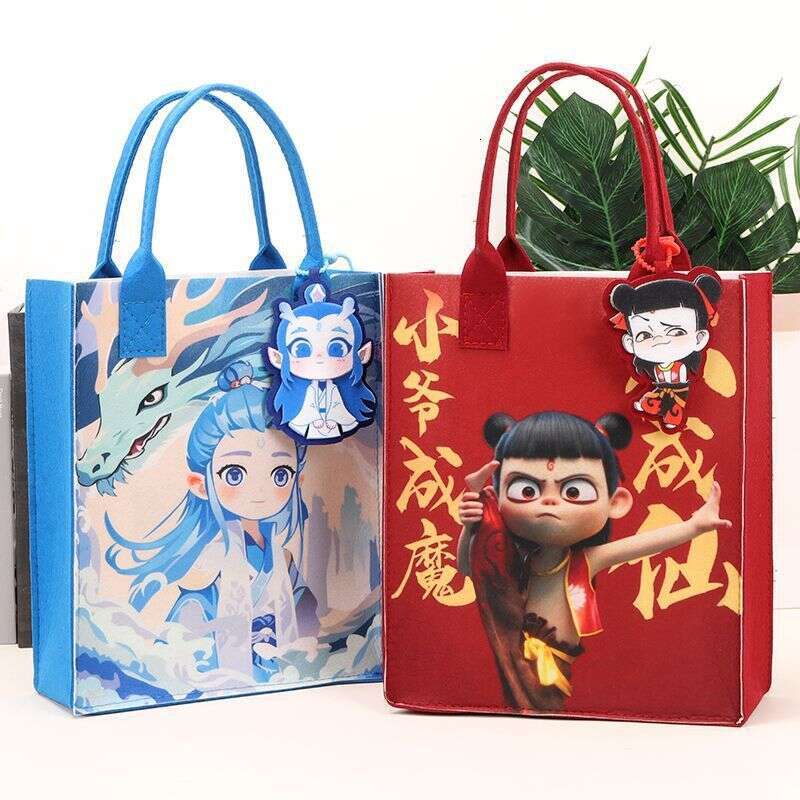 2025 New Nezha Handbag Cartoon Cute Large Capacity Shopping Student Shoulder Felt Tote Bag