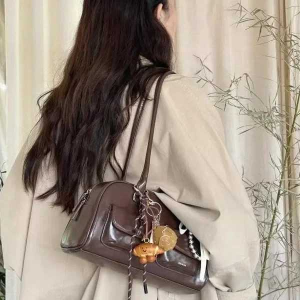 Large Capacity Brown Bowling Handbag Womens Shoulder Bag Retro Korean INS Style Autumn Winter New 2024 Fashion Trend Bag Y250603