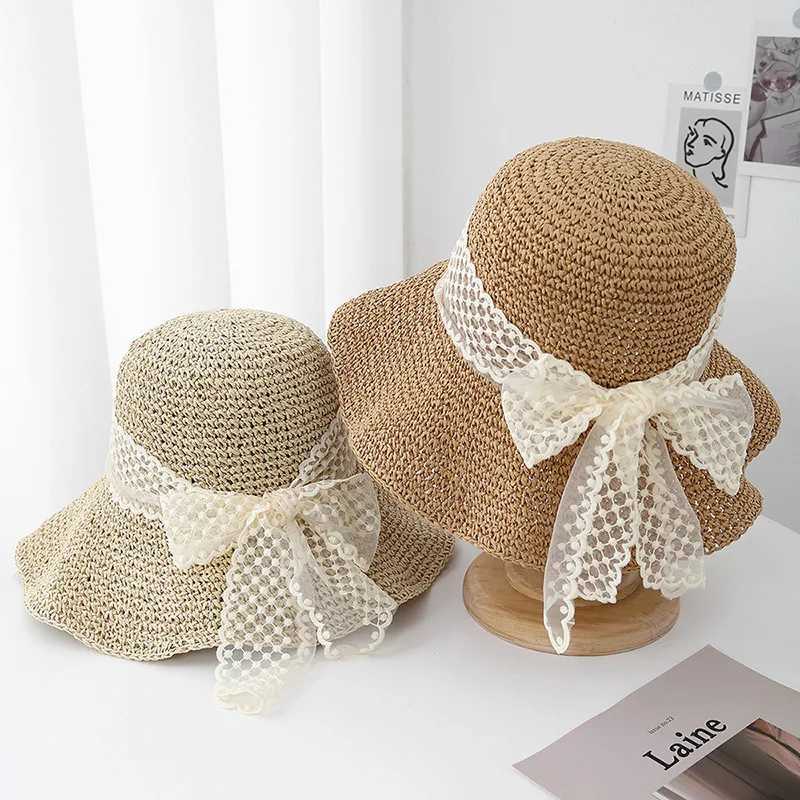Sun Hat Summer Hats For Women With Big Lace Bow Korean style Wide Brim Foldable Sunshade Lady Bucket Hat Beach Accessories New W250602