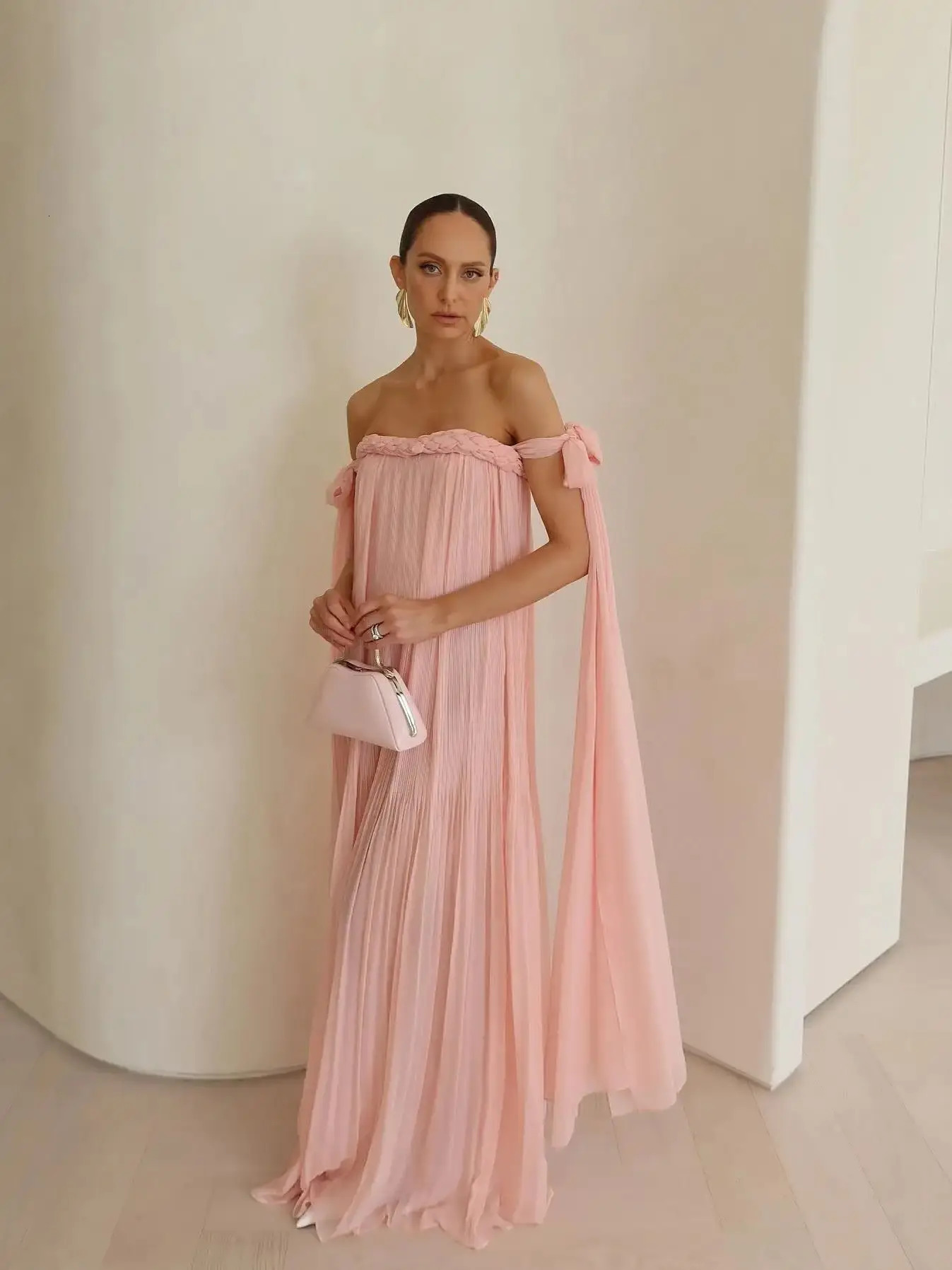 Off the Shoulder Dress Women Braid Bandage Tie Casual Pleated A-line Long Dress Summer Chic Beach Style Women Maxi Dress 250603