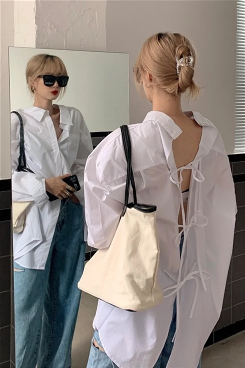 Back Lace Up White Shirts Women Camisas De Mujer Loose Lazy Two Wear Wild Blusas Moda Casual Top Simple 250603