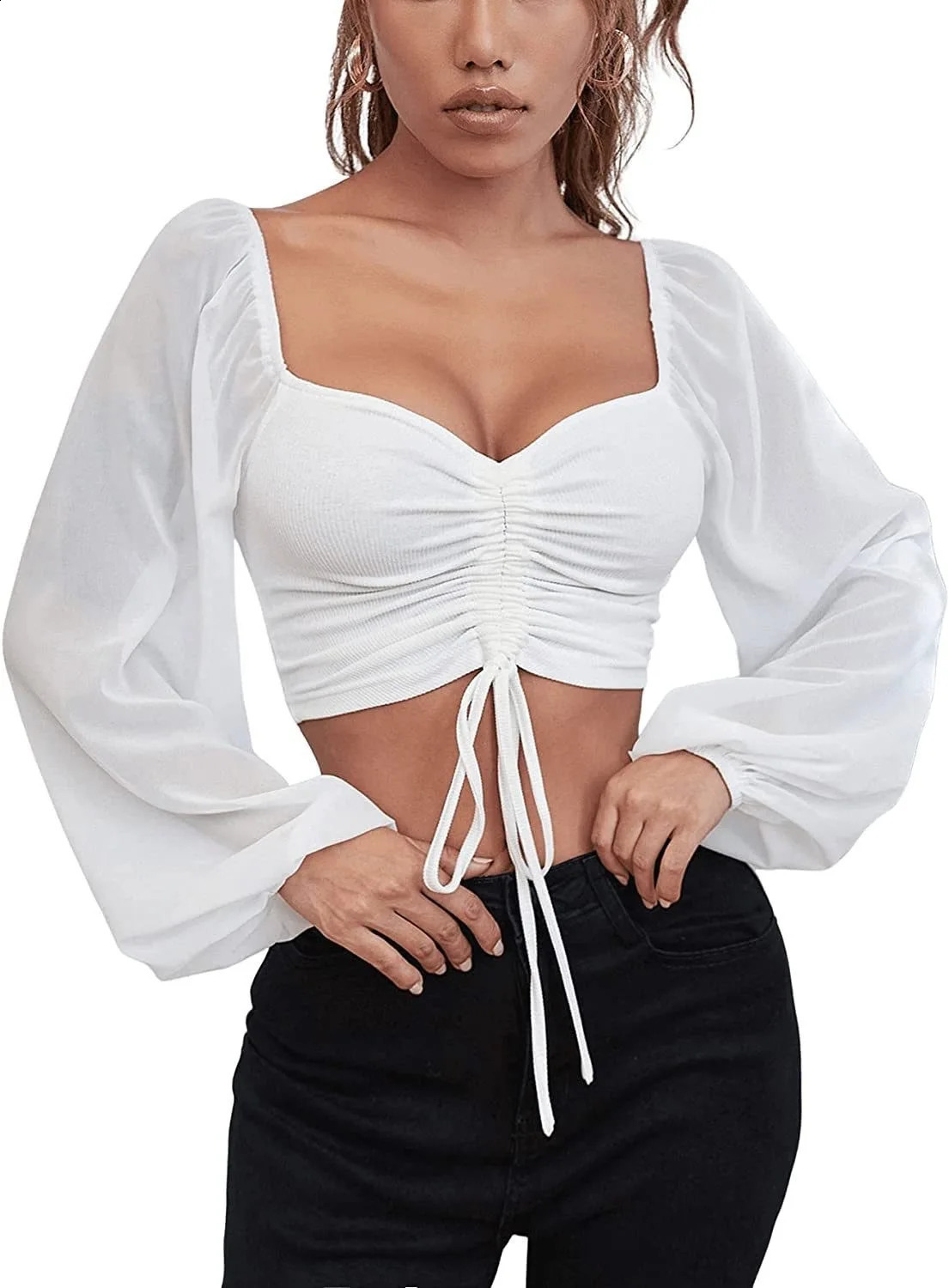 Womens Sweetheart Neck Drawstring Ruched Lantern Sleeve Crop Top Blouse Tight Solid Color Basic Tee 2024 Trend 250521