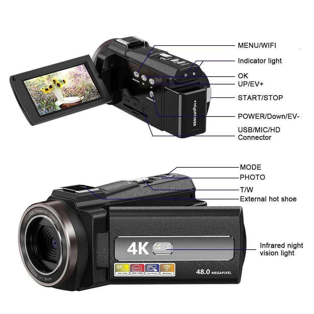 4k Cameras Professional Camcorder for Vlog Video WiFi 48MP Youtube 16X Zoom Camera Digital Webcam