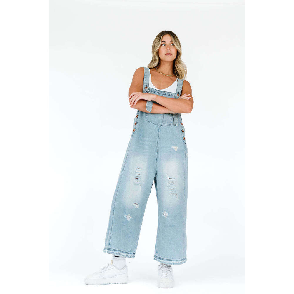 Fashion Vintage Distressed Loose Wide-Leg Comfortable Casual Strap Denim Overalls For Women B5