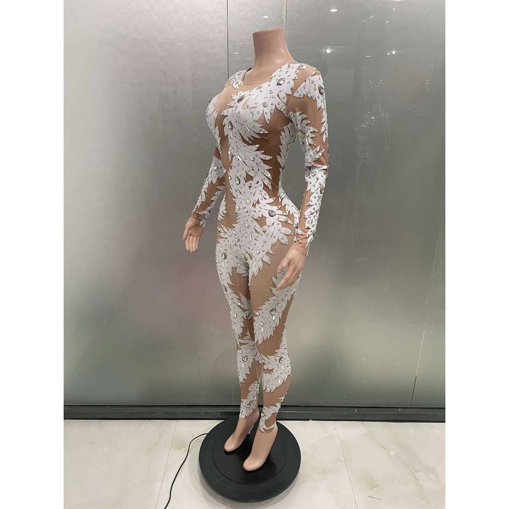 Sexy Crystal High Stretch Bodycon Long Sleeve Jumpsuit Women Celebrate Nightclub Party Club Performance Costume Stage Wear