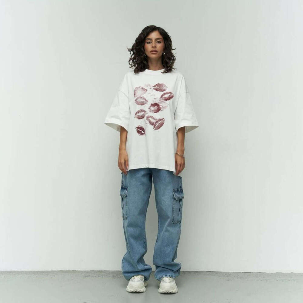 Spring Summer New Lip Print Short T-Shirt Women Pure Cotton Round Neck Pullover Top Drop Shoulder Sleeve Women's Fashion B5