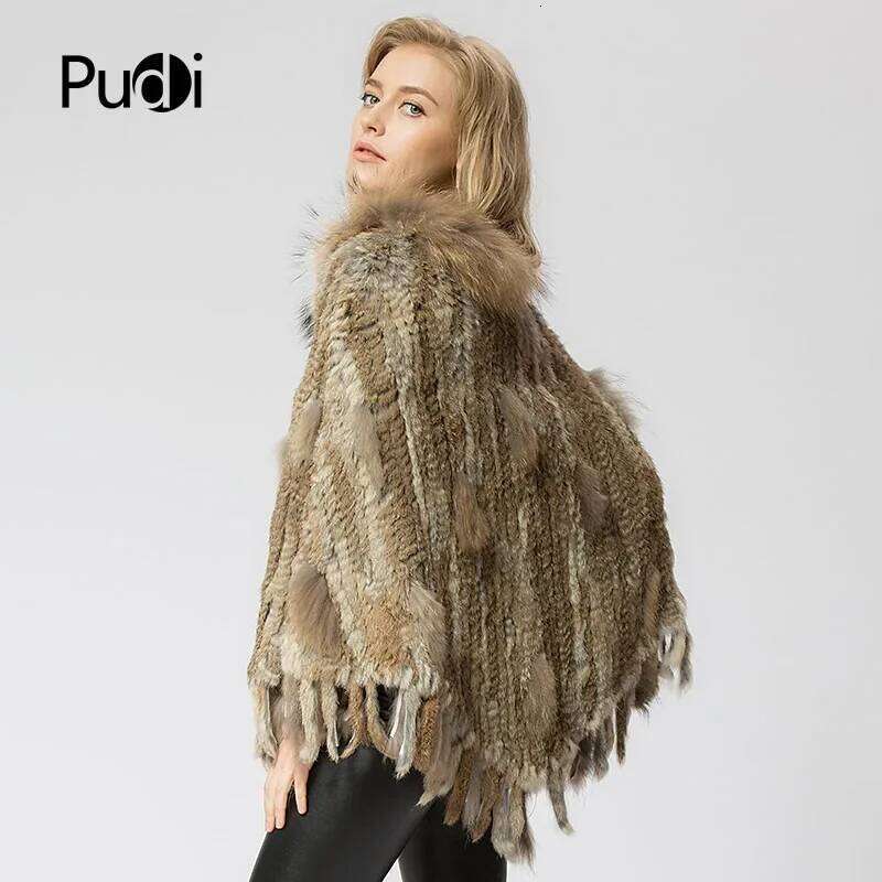 SRR002-2 Real Knitted Rabbit & Raccoon Fur Shawl Poncho Stole Shrug Cape Robe Tippet Wrap Women's Winter Warm Coat/outwear