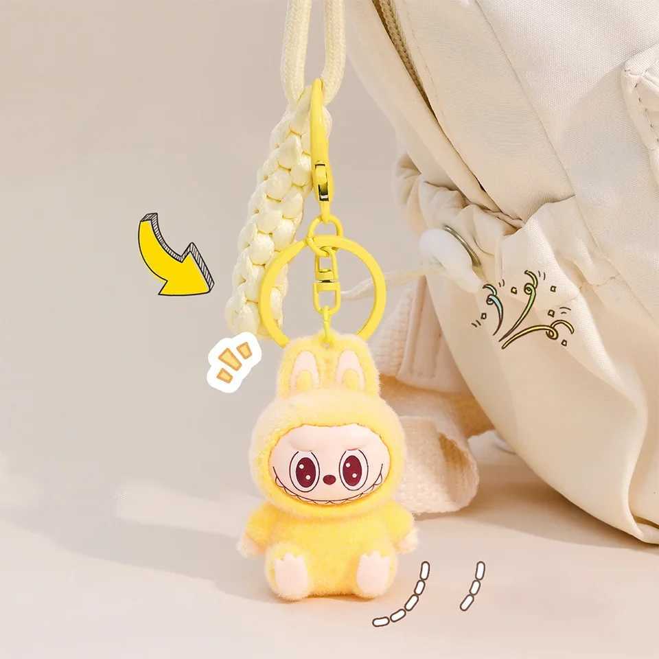 Sitting Labubu Doll Keychain External Implantation Fluff PVC Toy Phone Ornaments Bag Charms Car Keychain Gifts XJ250602