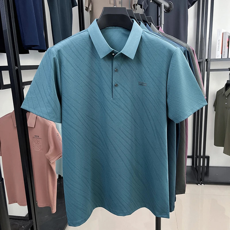Fashion line printed mens short sleeve polo shirt trend summer item business casual solid color lapel Tshirt 250529