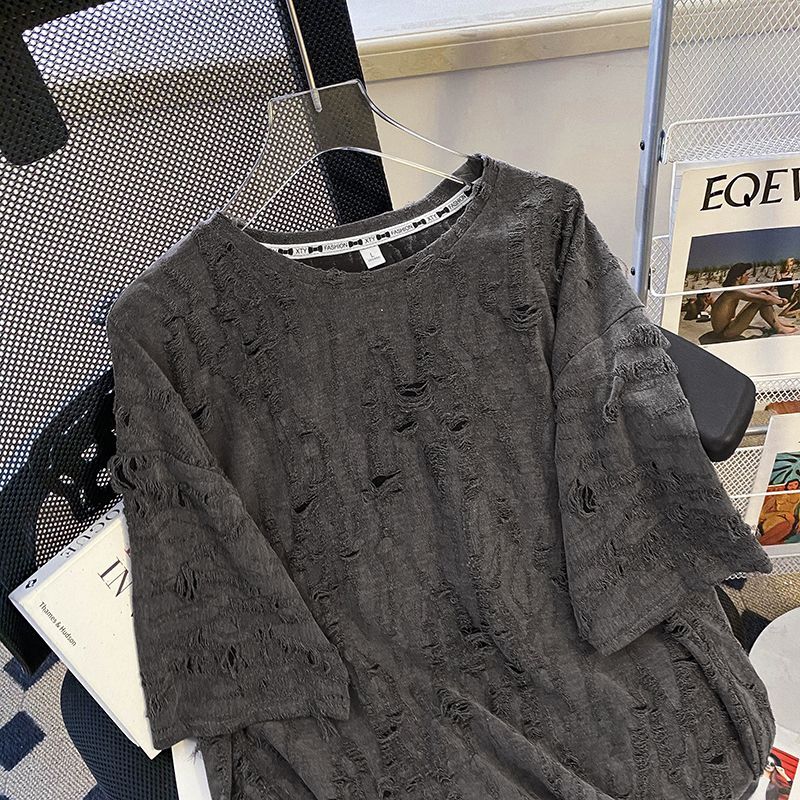 2025 Spring/Summer Women's New T-shirt New Women's Off Shoulder Hollow Design Short Sleeve T-shirt Summer New Versatile Solid Color Designer