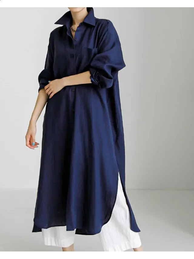 Spring Cotton Linen Oversize Women Dress Black Turn-Down Collar Loose Dresses Female Elegant Casual Trendy Ladies Clothes 250529