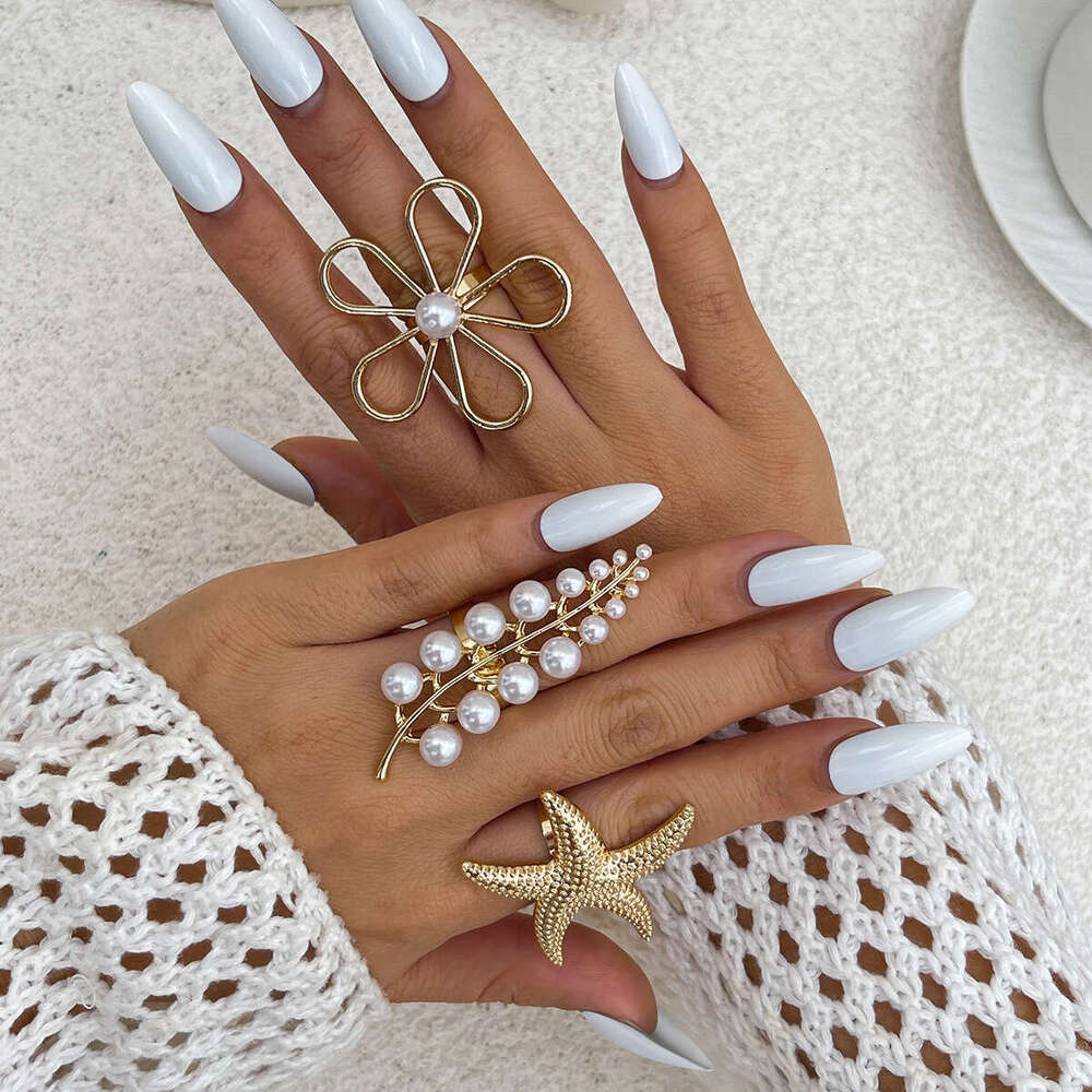 Jewelry Layered Irregular Alloy Rings INS Style Inlaid Pearl Branch Shape Ring Set