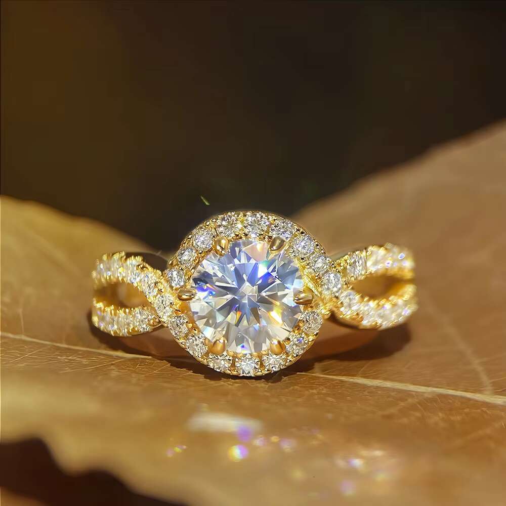 FOXI halo Engagement Ring Pave Set Moissanite Diamond Twisted Shank Accompanied Gold Plated 925 Sterling Silver Moissanite Ring