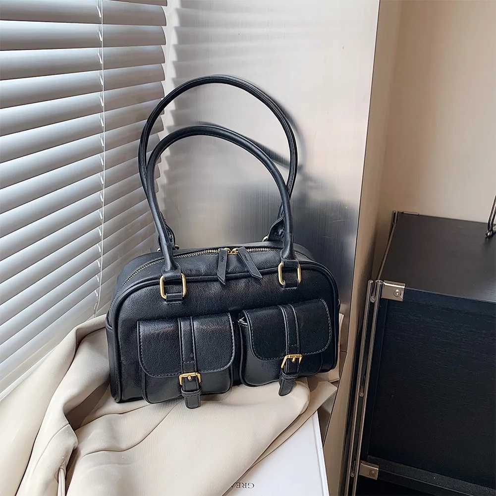 Shoulder Bags for Women PU Leather Double Pocket Female Boston Zipper Ladies Underarm Bag Retro Tote Handbag Sling Bag Y250603