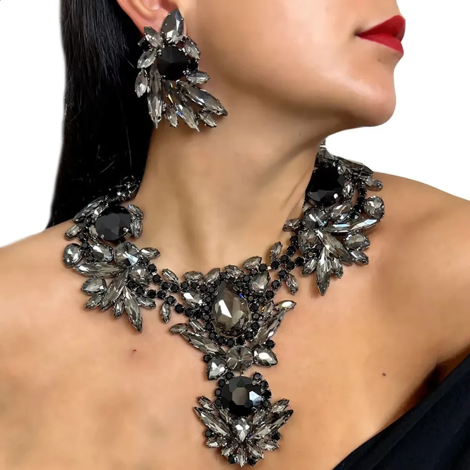 Stonefans Black Dubai Jewelry Set Necklace African Statement Men Gift Choker Bride Prom Wedding Necklace and Earring Set 250530
