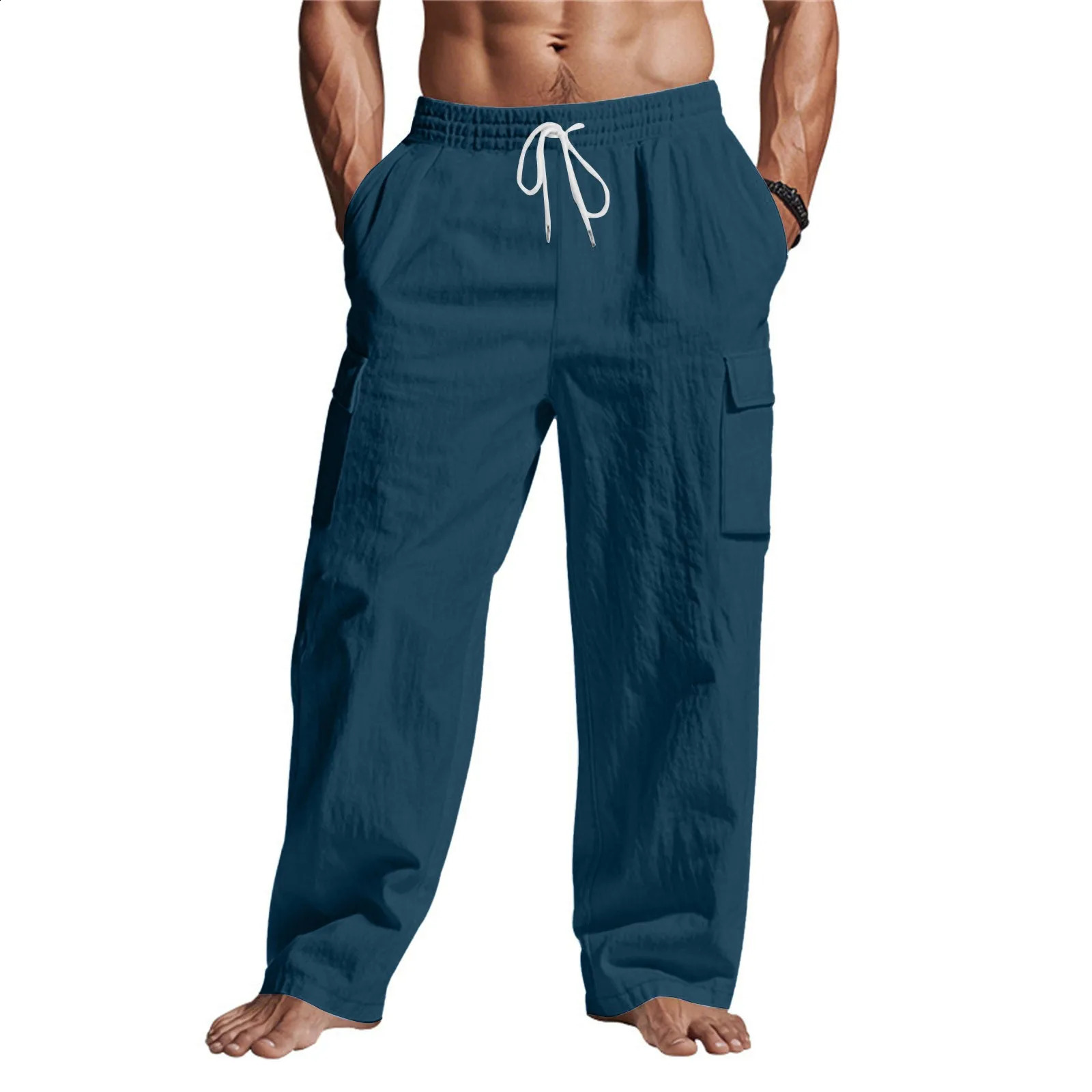 Mens Baggy Pants Linen Thin Breathable Multi-pocket Cargo Pants Loose Casual Wide Leg Straight Pants Spring Summer 250528