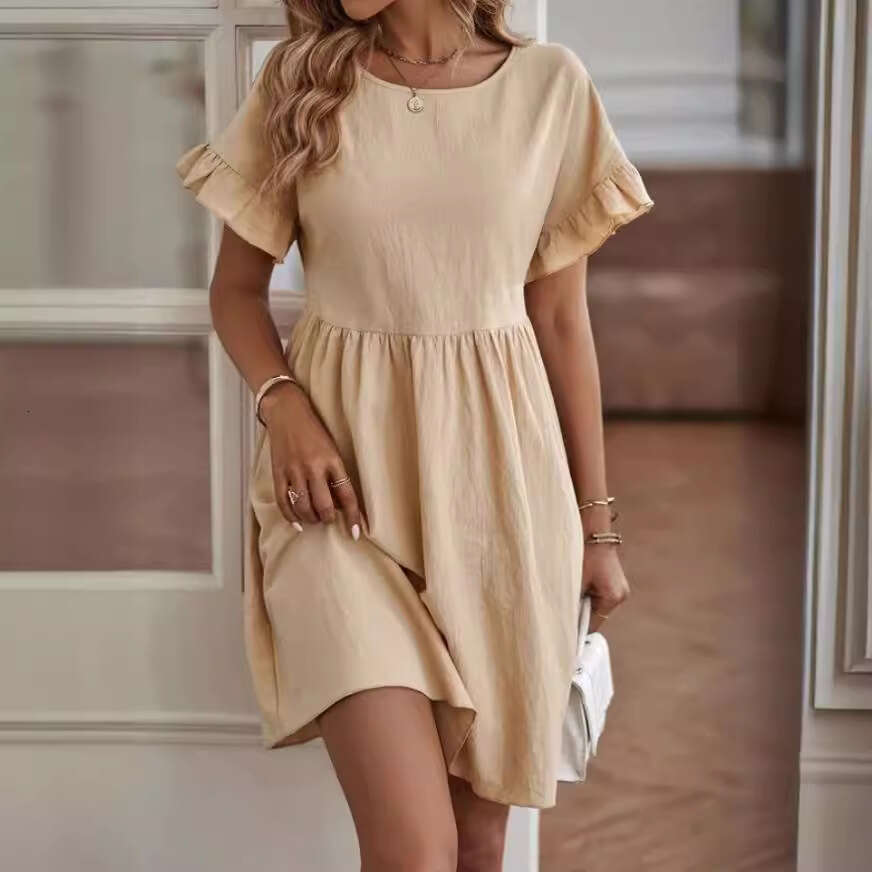 Women's New Fashion Elegant Round Neck Loose Cotton Linen Dress B5