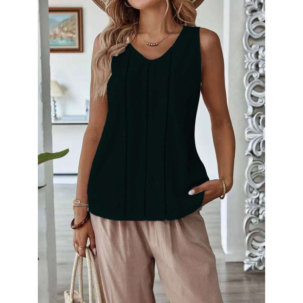 Spring/Summer TEMU Lace Hollow Sleeveless Cotton Linen Casual Solid Color Women's Vest B5