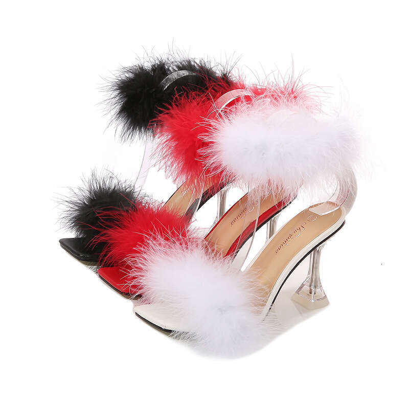Super High Heels Wine Glass Heel Strap Square Toe One-Strap Furry Fashion Crystal Stiletto Sandals For Women Platform High Heels