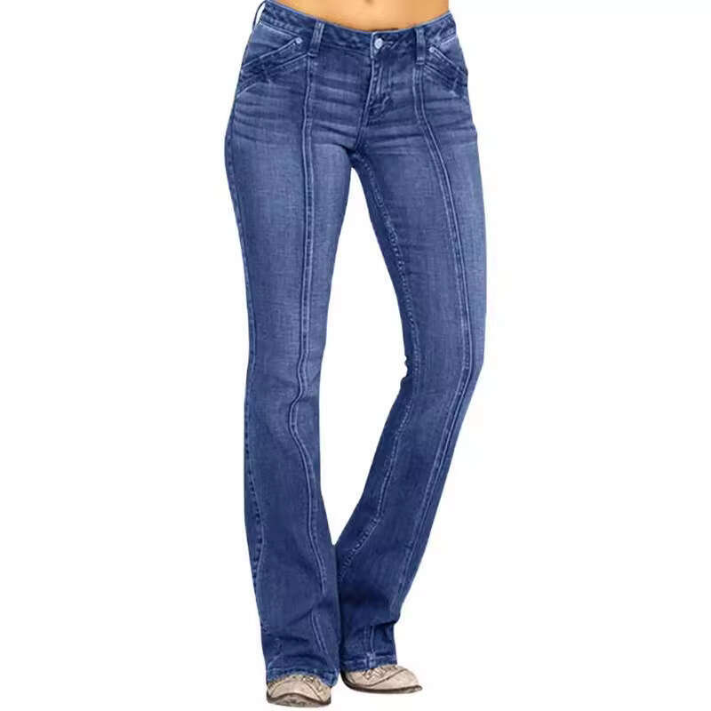 Women's Denim Low Waist Ripped Flare Pants B5